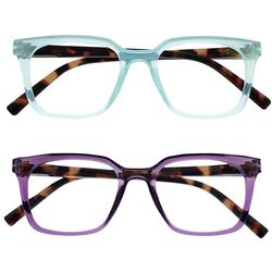 OPULIZE KOI Gafas de Lectura Pack de 2 - Elegante Marco Rectangular Ancho - Violeta/Turquesa - Hombre Mujer - Bisagras de Muelle - RR50-5Q - +1.50