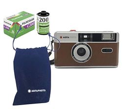 AgfaPhoto Minicámara analógica de 35 mm, Color marrón + película de imágenes a Color + batería