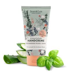 Jean & Len – smickrande handkräm aloe vera & basilika, handvård för normala till torra händer, vårdar intensivt, utan parabener och silikoner, vegansk, handkräm tub, 75 ml