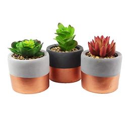 Leaf Set van 3 keramische plantenbakken met kunstmatige, 3 x mini koperen band planten, 14cm