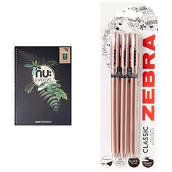 Nu Notebooks - Evolve Range - Recycled Notebook - A4 Notebook - Wirebound Notebook -120 Pages & Zebra Classic Rose Gold Ballpoint Pens, Black Ink, 3 count (Pack of 1)