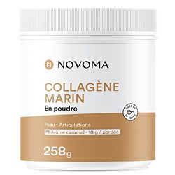 NOVOMA Collagène Marin Poudre Type 1 & 3, Peau Lisse & Articulations Souples, 10g par Portion, Cure de 25 jours, Breveté Naticol Avec Vitamine C, Pot de 258g Saveur Caramel, Made in France