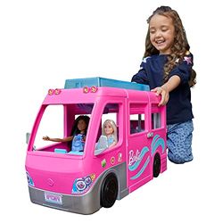 Barbie Dreamcamper speelset, met draaiende wieltjes, 7 speelplekken, zwembad, glijbaan en meer dan 60 campingaccessoires, cadeau voor kinderen van 3 jaar en ouder, HCD46, ruim 80 cm hoog