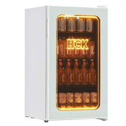 HCK Refrigerador de Bebidas de 98 L, Mini Refrigerador con Luz Naranja 3D y Puerta de Cristal, Refrigerador Pequeño de 105 Latas con Estantes Ajustables para Soda, Cerveza o Vino, (Blanco)