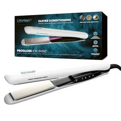REVAMP Ion Shine Ceramic Hair Straighteners, Infrared and Ionic Technology for Sleek Frizz Free Results, Infused with Smooth Keratin, Argan and Coconut Oils, Variable Heat, for All Hair Types, White