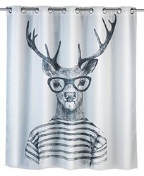 WENKO Rideau de douche anti-moisissure Flex Mr. Deer antibactérien, lavable, anneaux intégrés Blanc