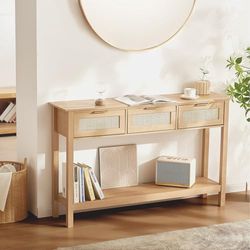 VEVOR Rattan Console Table with 3 Storage Drawers, Rattan Entryway Table with Natural Rattan Sliding Door, Console Sofa Table for Living Room, Study, Entryway Or TV Wall, Natural
