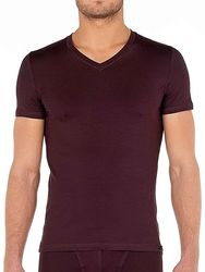 HOM T-Shirt Col V Tencel Soft Camiseta para Mujer, Burdeos, XXL Hombres