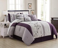 Chezmoi Collection Linnea 7-Piece Luxury Purple Lavender Gray Cherry Blossom Floral Embroidery Comforter Set, Queen
