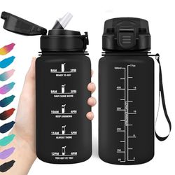HoneyHolly Vattenflaska 500 ml, läckagesäker, vattenflaska BPA-fri, motiverande med tidsmarkering, drickflaska med sugrör, drickflaska sport för barn, cykel, fitness, skola, kontor