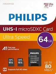 Philips Ultra Speed microSDXC-kort 2x 64 GB + SD-adapter UHS-I U1, läshastighet upp till 80 MB/s, A1 Fast App Performance, V10, minneskort för smartphones, surfplattor, PC,Kortläsare,Full HD Video