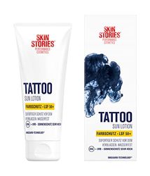 SKIN STORIES Sun Lotion SPF 50+ (100 ml), tatuering färgskydd solskyddsmedel med InkGuard-Technology®, mycket hög tatueringssolskydd med pantenol och E-vitamin mot blekning av tatueringsfärger