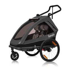 LIONELO CAMA Remorque vélo 2 en 1 avec Fonction Poussette pour 1 ou 2 Enfants de 6 m. à 6 Ans, capacité de Charge 2x22 kg, Suspension, Grandes Roues, auvent étanche (Graphite)