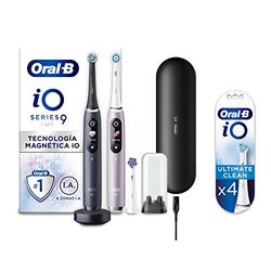 Oral-B iO 9 Cepillo de Dientes Eléctrico Dúo Negro Lava Y Rosa Cuarzo, 2 Mangos Con Tecnología Magnética iO + iO Ultimate Clean Recambios Cepillo de Dientes Eléctrico, Pack de 4 Cabezales, Blanco