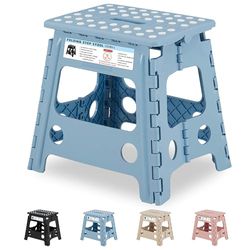VECELO Folding Step Stool 32cm, Non-Slip Surface Portabl Foldable with Carry Handle, Heavy Duty to Support Kids/Toddler/Adults for Living Room Kitchen, Bathroom, Blue