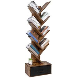 BAKAJI Boekenkast, 10 hellende planken van MDF-hout in antieke look met stoffen lade, modern industrieel design voor woonkamer, thuis, kantoor, afmetingen 149 x 38 x 20 cm