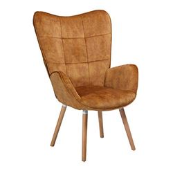 MEUBLE COSY Fauteuil Lounge Relaxstoel Gestoffeerde stoel Leesstoel Armleuning Stoel met rugleuning Massief Houten Stof Kussen Bruin, Bogdan Mustard Dark Wood Leg