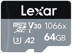 Lexar Professional 1066x 64GB Micro SD Kaart, microSDXC UHS-I Geheugenkaart met SD-adapter uit de SILVER-serie, tot 160 MB/s Lezen, voor action camera, drone, smartphone, tablet (LMS1066064G-BNAAG)