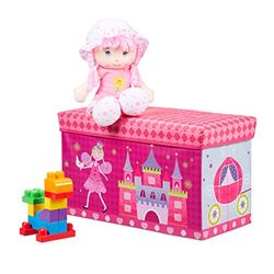 Relaxdays Tabouret Coffre à jouets boîte à jouets couvercle pouf enfant pliable princesse rangement fille garçon 66 litres, rose