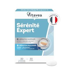 Vitavea - Sérinité Expert - Magnésium, Mélisse, Vitamine B6 et Vitamine B1 - Complément alimentaire Détente et Relaxation - Action prolongée - 30 comprimés - Cure 1 mois - Fabriqué en France