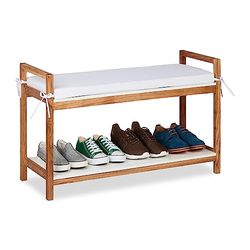 Relaxdays schoenenbank, met zitkussen, schoenenrek, afneembaar kussen, HBD: 55 x 90 x 34 cm, houten halbank, natuur/wit
