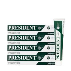 President KIT 4 DENTIFRICIO CLASSIC per uso quotidiano. Azione anti placca, anti carie, rifrescante, antialitosi. Con Estratti Vegetali di Melissa, Salvia, Camomilla. RDA 50. 4X75ml