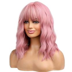 BERON 14 Inches Women Girls Short Curly Synthetic Wig with Air Bangs Lovely Pink, 230 Grams