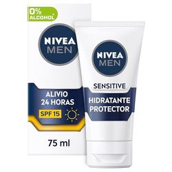 NIVEA MEN Sensitive Protetor Hidratante FP15 (1 x 75 ml), 0% álcool anti-ritação creme facial hidratante para homens com pele sensível, com protetor solar FP15