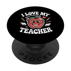 Diseño de dibujos animados de manzana con texto "I Love My Teacher PopSockets PopGrip Adhesivo