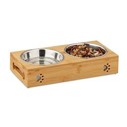 Relaxdays Ciotole Rialzate per Piccoli Cani, 2 Scodelle da 300 ml, in Bambù & Acciaio Inossidabile, naturale/argento