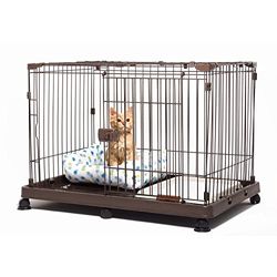 Iris Ohyama, Parc, Cage, Enclos, Chenil, Niche pour chien, chat interieur et exterieur avec avec porte 2 en 1, Roues et toit, Métal, L93 x P63 x H64.5 cm, STS-600TY, Marron