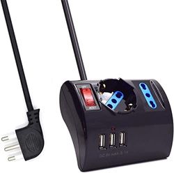 Bureau-/tafelstopcontact met 3 USB-poorten en aan/uit-schakelaar, stopcontact met automatische stroomonderbreker 16 A, 3500 W, 3 stopcontacten (2 ITA, 1 Schuko), 3 USB-stopcontacten, 1,5 m, zwart