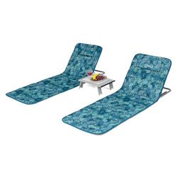 FANTASK Lot de 2 Matelas de Plage avec Table d'appoint, Oreiller, Compartiment de Rangement, Matelas de Couchage avec Dossier réglable, Chaise Longue pour la Plage (Bleu Turquoise)