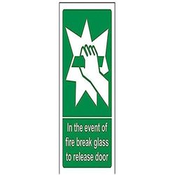Vsafety - Cartello per porta con scritta "In Case Of Fire Break Glass To Release", verticale, 100 mm x 150 mm, in vinile autoadesivo