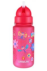 LittleLife Children's Water Bottle With Easy-Access Lid & Straw, 400ml, Pink Butterflies