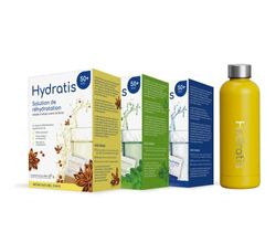 HYDRATIS 50+ - Solution de Réhydratation, Pack 3 Boîtes de 16 Sachets en Poudre + Gourde Jaune - Boisson à Diluer dans l'Eau Adaptée à l'Adulte à Partir de 50 Ans - Soutien du Métabolisme