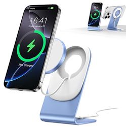 Chargeur Mag Safe BHHB Chargeur sans Fil Chargeur mag-Safe avec Support pour iPhone 16/15/14/13/12/Xs/X/Xr/8 Série et Air Pods 4/3/2/Pro (Bleu)