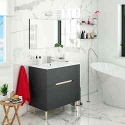 Dmora - Meuble sous-Vasque Yarmouth, Meuble sous-Vasque, Meuble de Salle de Bain avec Miroir, Lavabo Non Inclus, 80x45h80 cm, Anthracite et Chêne