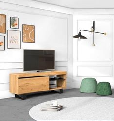 Skraut Home - TV-meubel Mod.Natural"eiken/zwart", 1 deur en 2 woningen, woonkamer, 120 x 40 x 53 cm