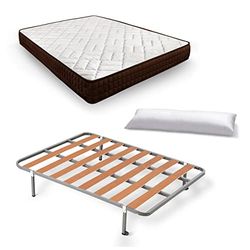 HOGAR24 ES Cama Completa, Colchón Viscosoft Dream Flex 15 + Somier Lamas con Patas + Almohada Fibra, Medida: 90x200 cm