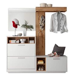 Stella Trading Milano - Cabide compacto em branco e aspeto de carvalho selvagem, conjunto moderno de cabides de corredor com espelho para a sua área de entrada, 177 x 195 x 32 cm (largura x altura x