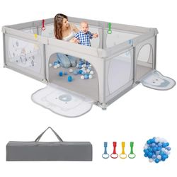 COSTWAY Babybox 205 x 147 cm, opvouwbaar, box met 50 ballen, 2 deuren, zijvak, ademend net en ritssluiting, box voor zuigelingen en peuters (grijze pinguïns)