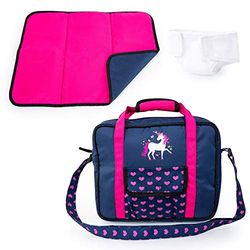 Bayer Design 69254AC docktillbehör, dockvårdsset, skötset för dockor, tillbehör för babydockor med skötväska, skötmatta, sydd blöja, blå, rosa med enhörning och hjärtan