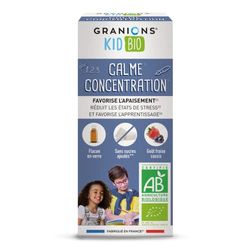 GRANIONS KID BIO CALME CONCENTRATION - Certifie - Triple Action : APAISE + REDUIT LE STRESS + FAVORISE L'APPRENTISSAGE - Melisse + Coquelicot - Gout Fraise Cassis - 125 Ml - Marque Française