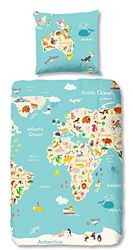 Aminata Kids Children's Bed Linen 135 x 200 cm World Map Zoo Animals Map 100% Cotton Light Blue Turquoise Edu-Play Sea