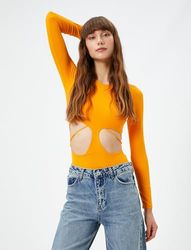 Koton Bodysuit voor dames, lange mouwen, ronde hals, uitgesneden detail, oranje (202), S