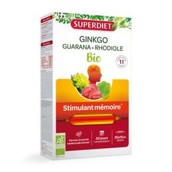 SUPERDIET - GINKGO BOOST BIO- Stimulant Mémoire BIO - Vitalité - Fabrication Française - 20 ampoules de 15ml