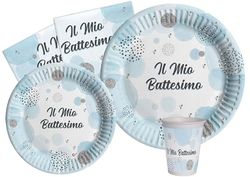 Ciao AZ140 Kit Party Baptism Table 8 pers (44 pcs: 8 plates Ø23cm, 8 p Ø18cm, 8 glasses, 20 napkins) eco-friendly, light blue Baby, Cups, Made compostable Paper, Azure, 8 People
