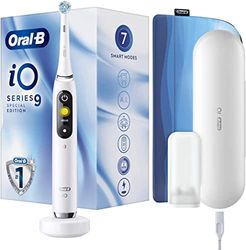 Oral-B iO9 Elektrische tandenborstel met oplaadbare handgreep, bruine magneettechnologie, 1 reserveonderdeel, kleurendisplay, oplader, magneethoes en reisetui, wit