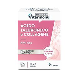 Acido Ialuronico e Collagene - Integratore anti-age - Per pelle più elastica, compatta e luminosa - Collagene Integratore - Con Vitamina A, Vitamina C, E - Confezione da 30 capsule - Vitarmonyl